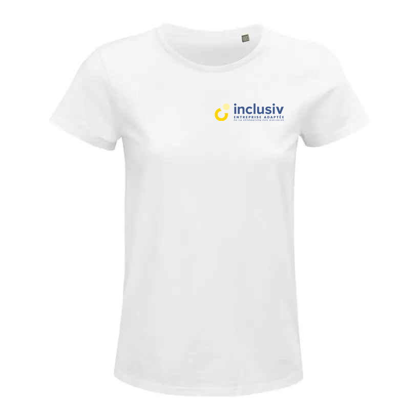 [OP-CRU-C4-F-S-BLA] T-SHIRT EN COTON BIO - AVEC PERSO COEUR QUADRI (Femme, S, Blanc)