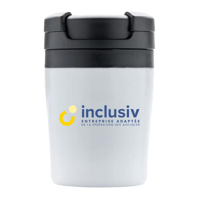 [OP-MOK-4-BLA] MUG ISOTHERME EXPRESSO INOX/PP 16 CL - AVEC PERSO QUADRI (Blanc)