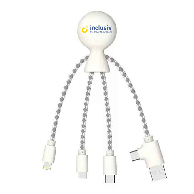 [OP-MRB-4-BLA] CABLES CHARGE MULTI-USB RECYCLABLE - AVEC PERSO QUADRI (Blanc)