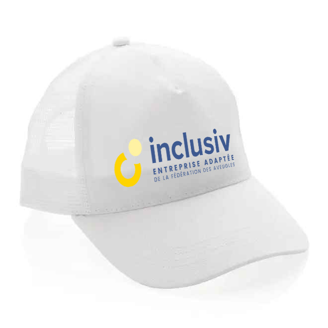 [OP-TRU-4-BLA] CASQUETTE TRUCKER COTON RECYCLE - AVEC PERSO QUADRI (Blanc)